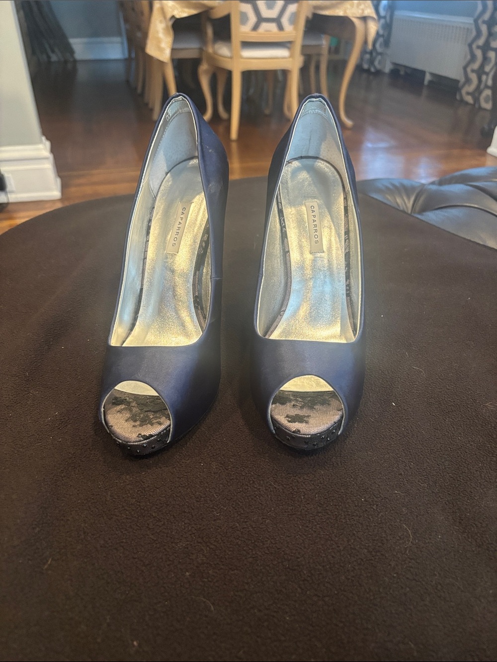 Caparros Navy Satin Peep Toe Pumps